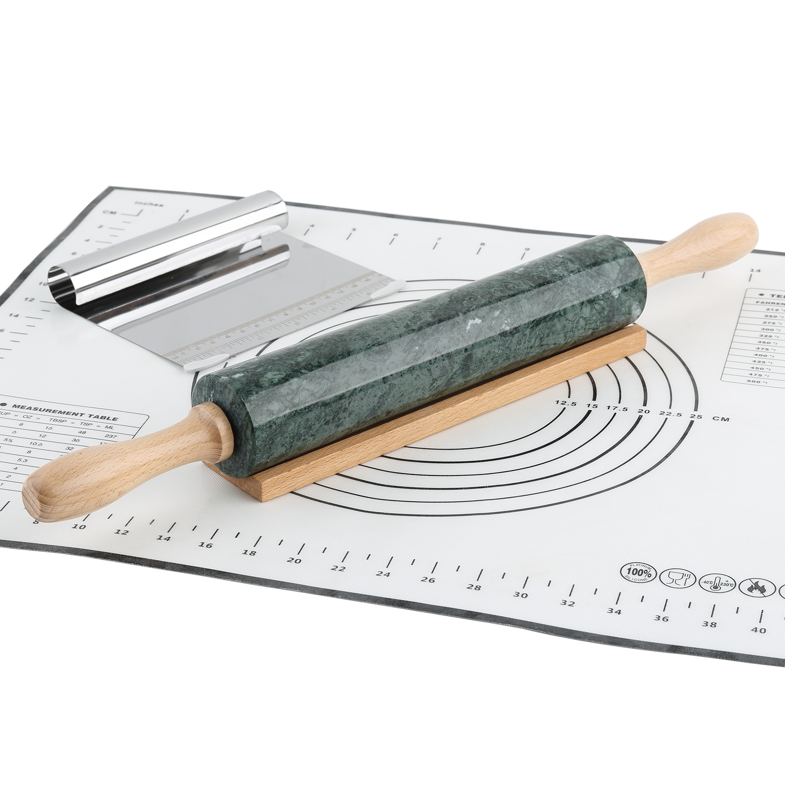 Koville Natural Marble Rolling Pin Scraper Dough Mat Set-Indian Green