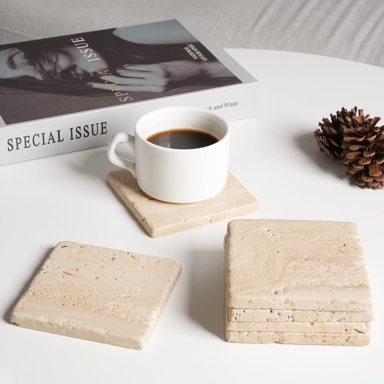 Koville Natural Travertine Marble Coasters,Set of 6-Travertino Romano