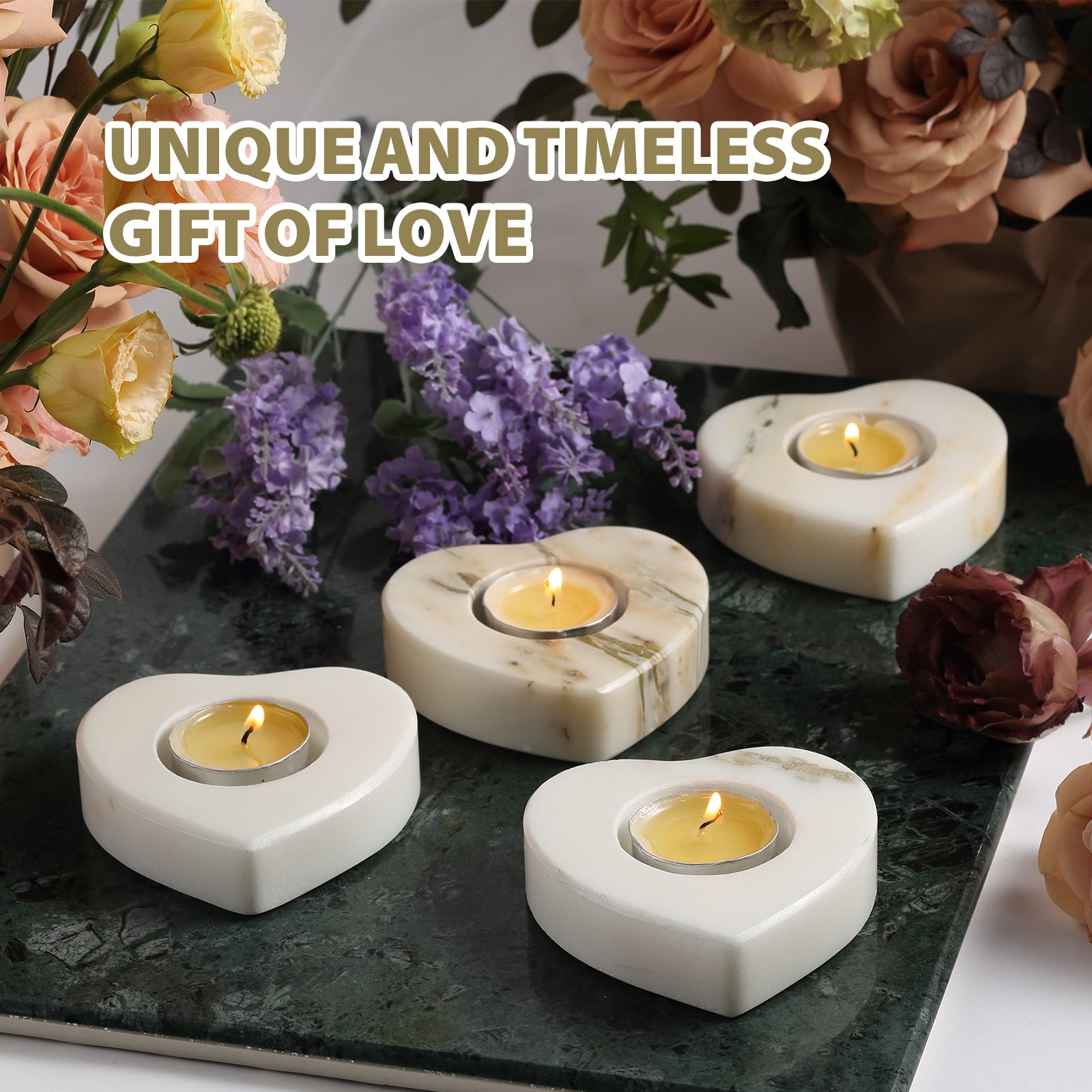 Koville Natural Marble Heart Shape Tea Light Candle Holder-Oriental Calacatta
