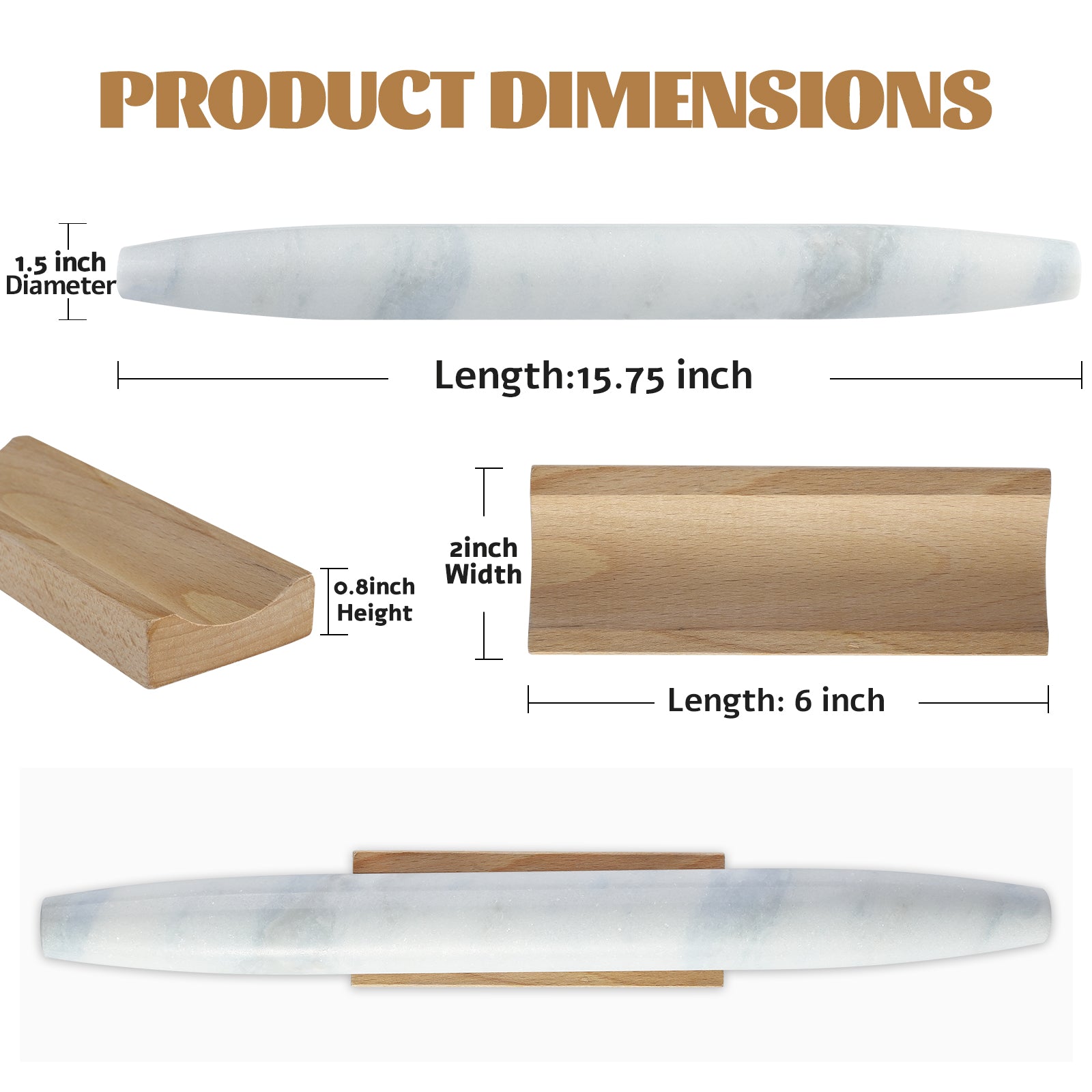 Natural Marble Rolling Pin with Wooden Base,16 inch-Namib Fantasy