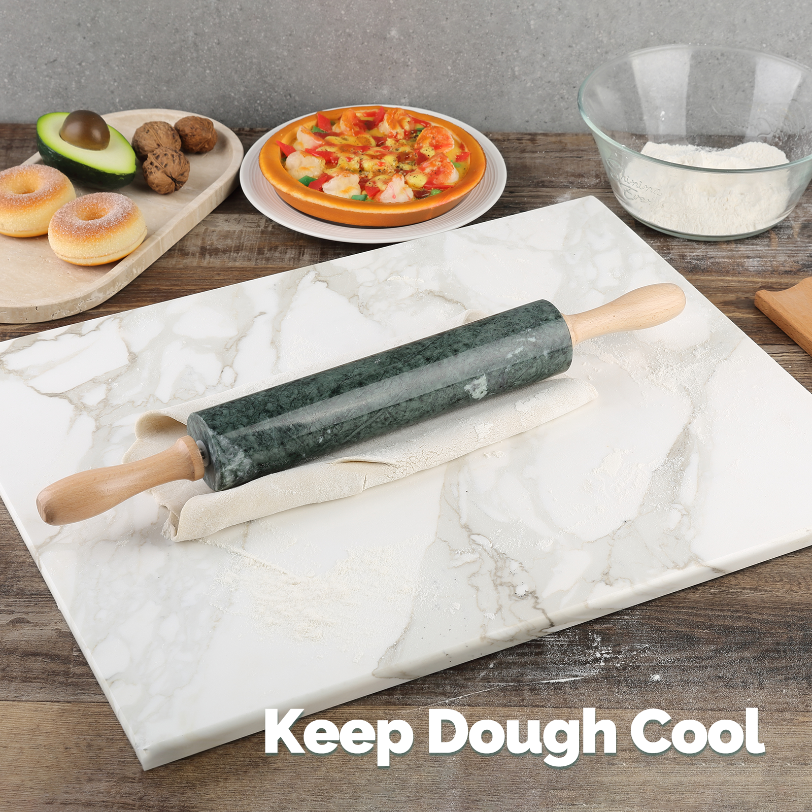 Koville Natural Marble Rolling Pin Scraper Dough Mat Set-Indian Green