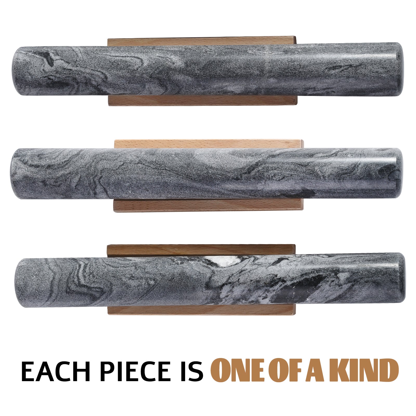 Koville Natural Marble Rolling Pin with Wooden Base Holder,13 inch-Monte Grigio