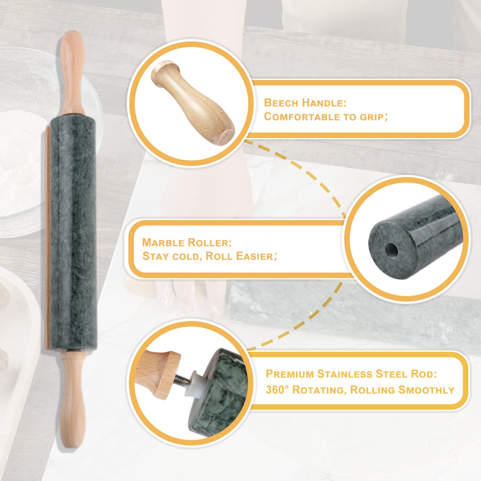 Koville Natural Marble Rolling Pin with Wooden Base Holder-Indian Green