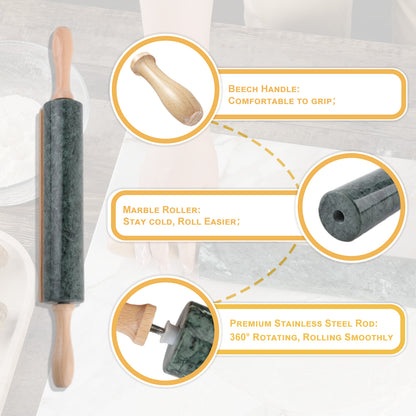 Koville Natural Marble Rolling Pin with Wooden Base Holder-Indian Green