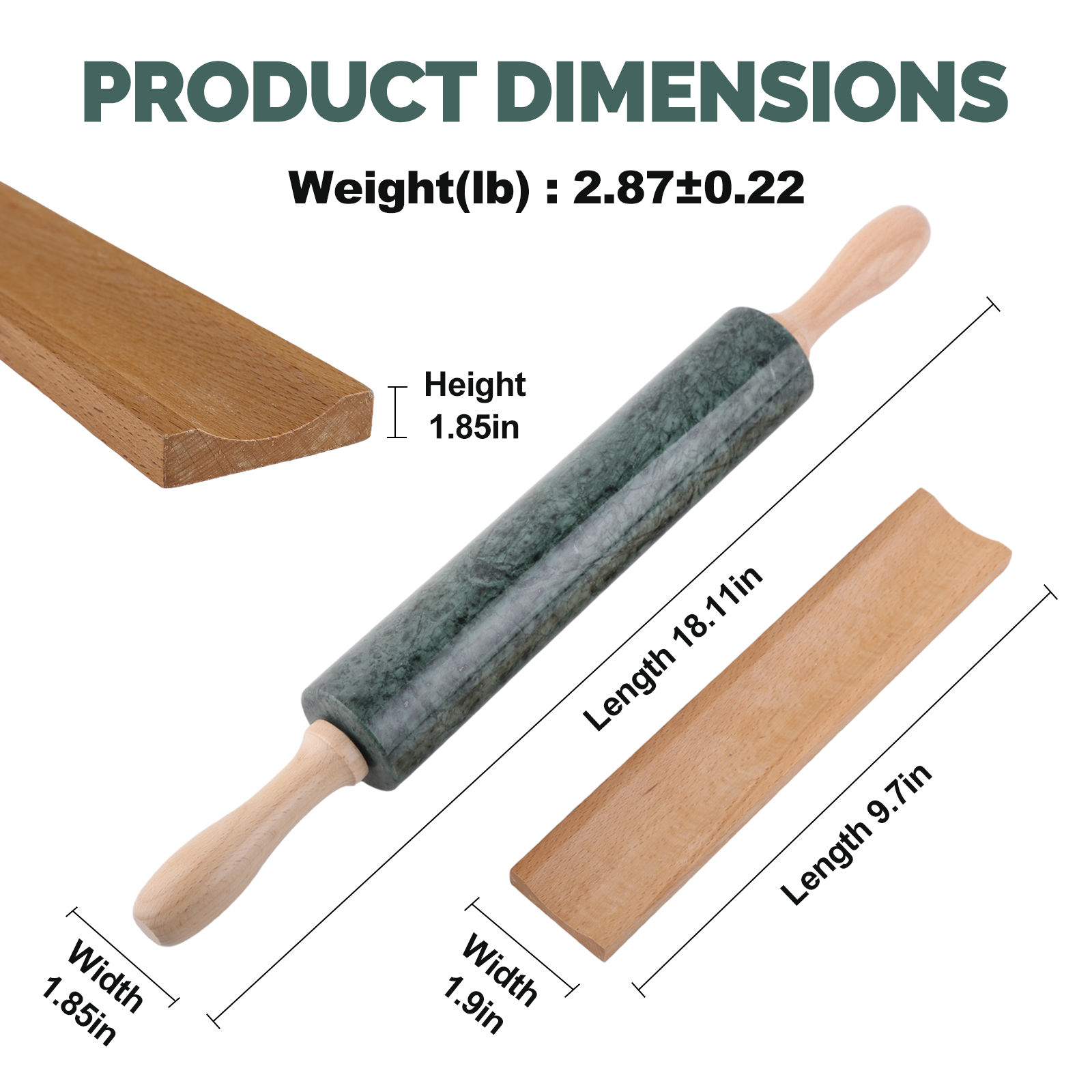 Koville Natural Marble Rolling Pin Scraper Dough Mat Set-Indian Green