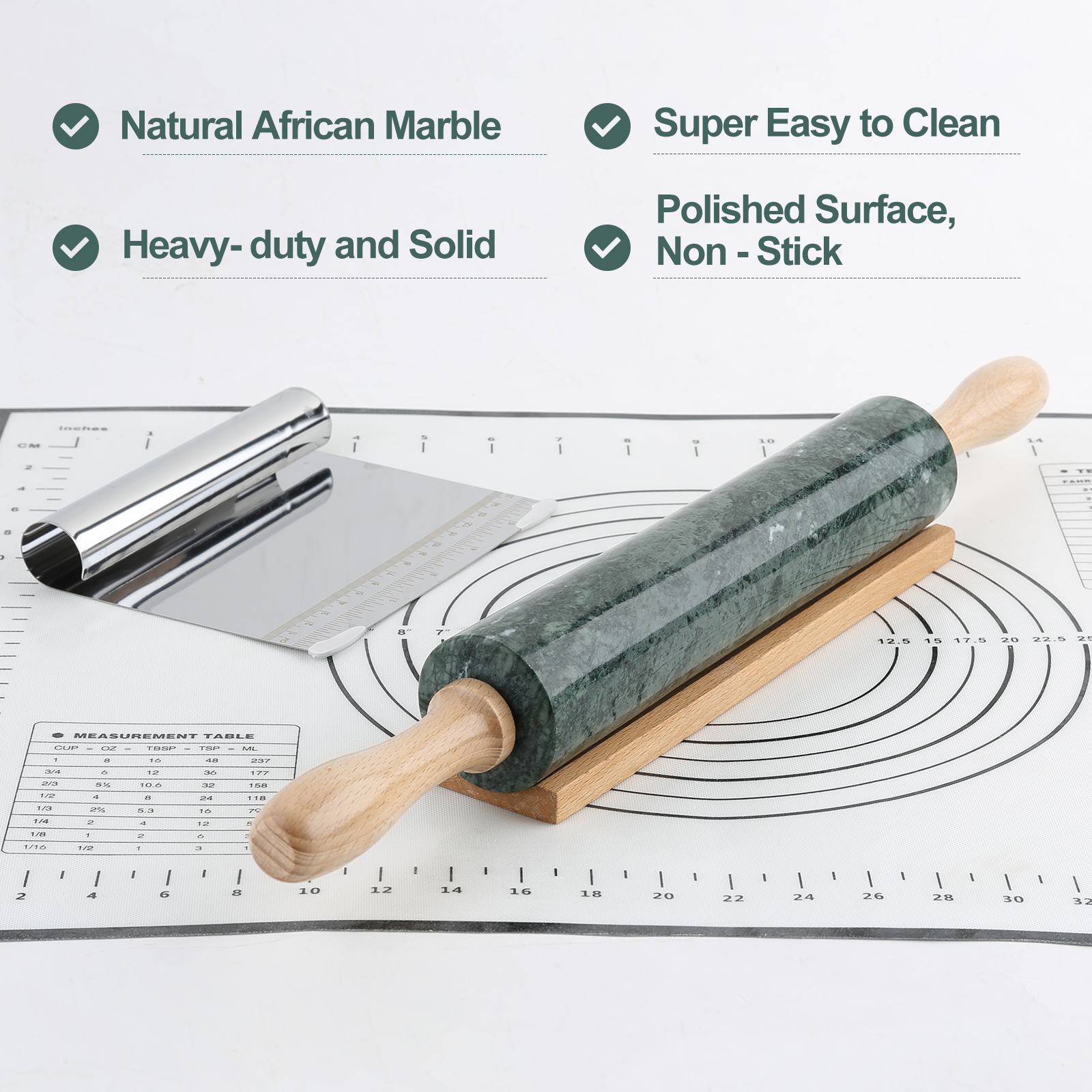 Koville Natural Marble Rolling Pin Scraper Dough Mat Set-Indian Green