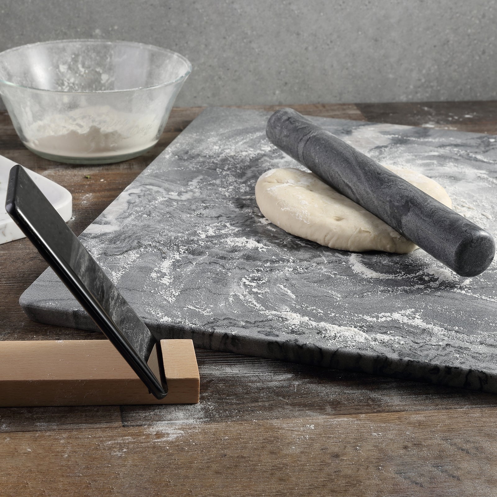 Koville Natural Marble Rolling Pin with Wooden Base Holder,13 inch-Monte Grigio