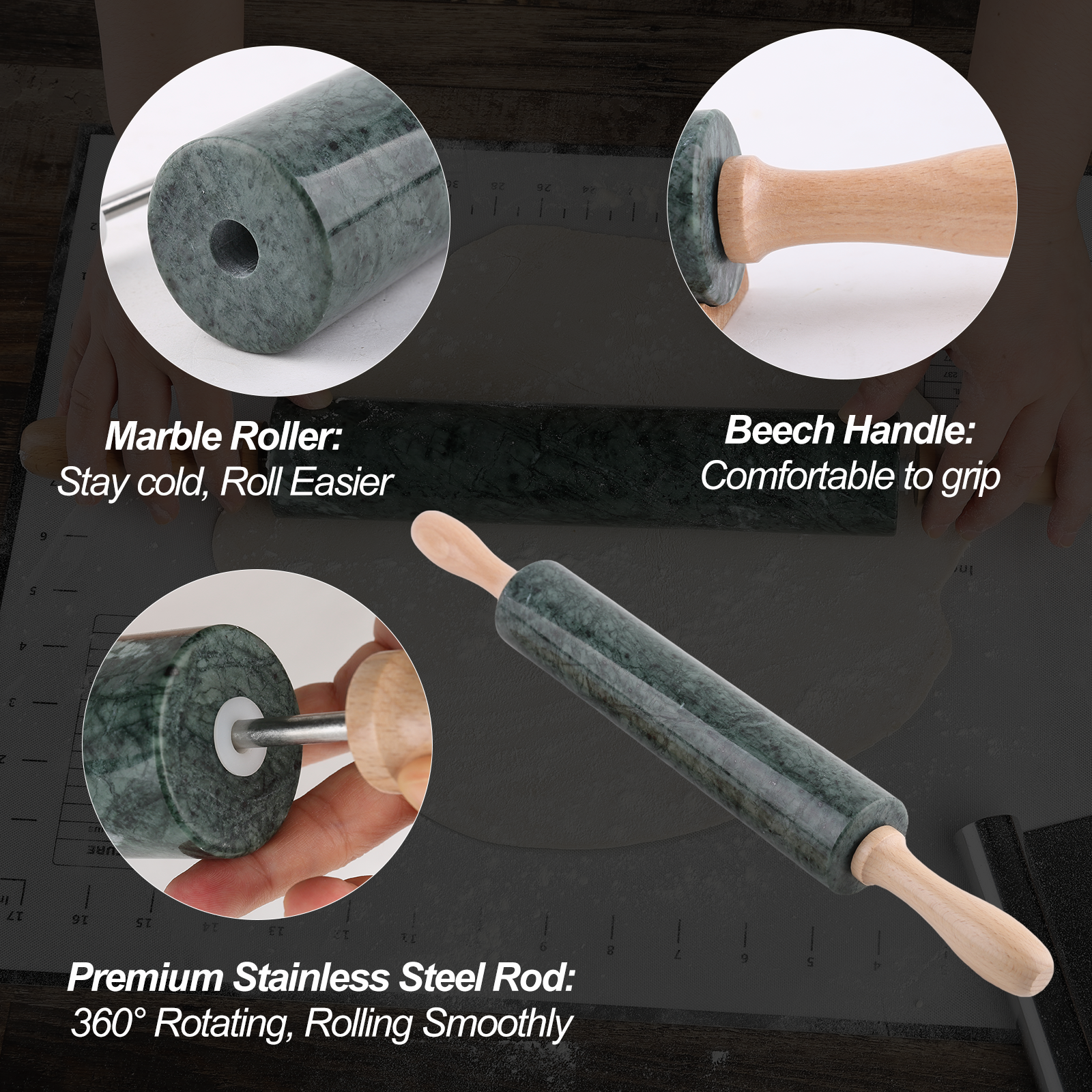 Koville Natural Marble Rolling Pin Scraper Dough Mat Set-Indian Green