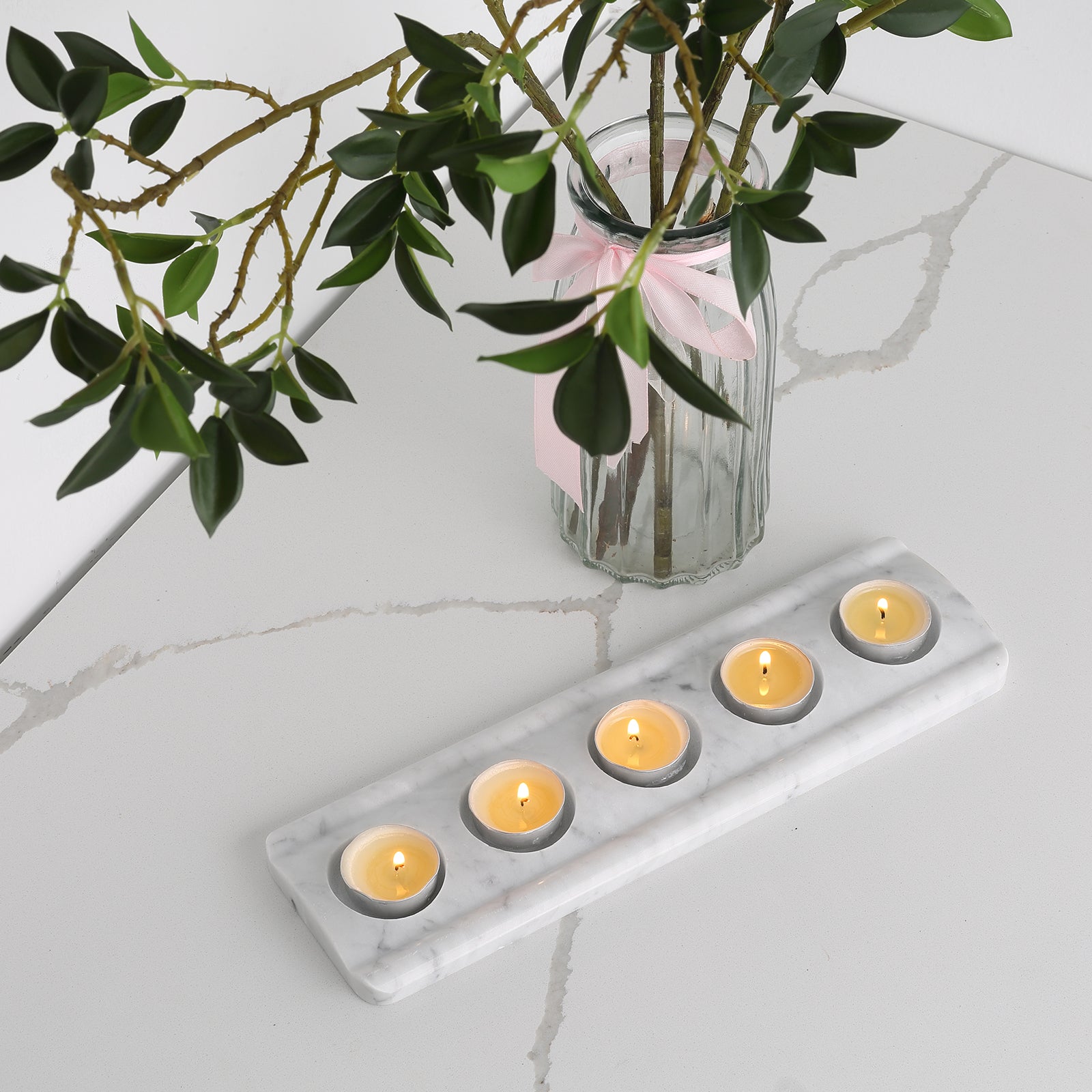 Koville 5 Holes Natural Marble Tea Light Candle Holder-Bianco Carrara
