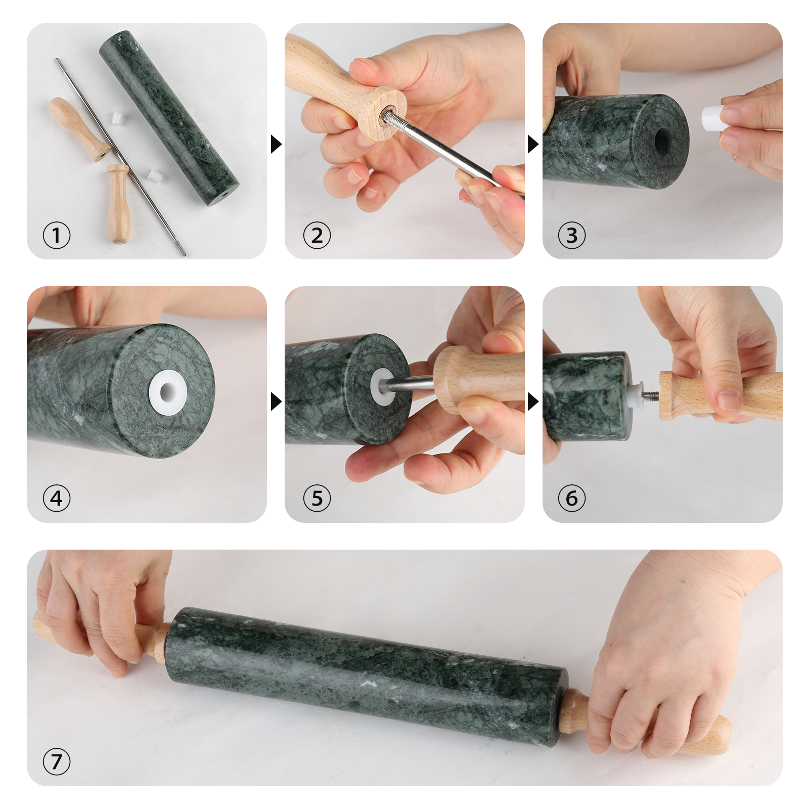 Koville Natural Marble Rolling Pin Scraper Dough Mat Set-Indian Green