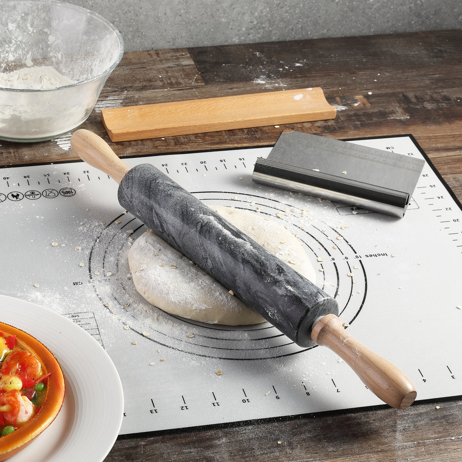 Koville Natural Marble Rolling Pin with Wooden Base Holder,18.11 inch-Monte Grigio