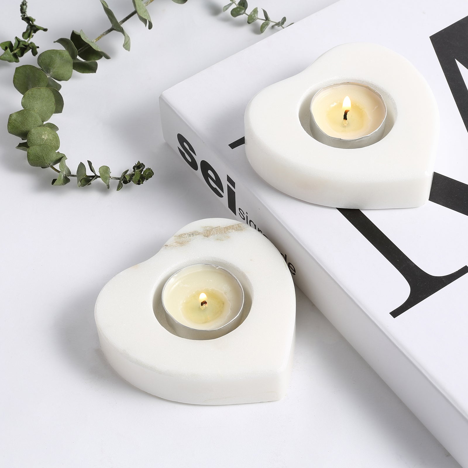 Koville Natural Marble Heart Shape Tea Light Candle Holder-Oriental Calacatta