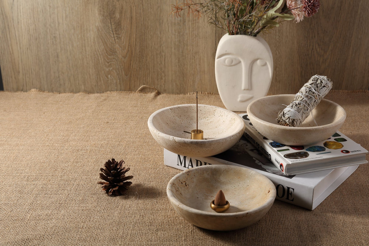 Koville Travertine incense holder set displayed on tabletop