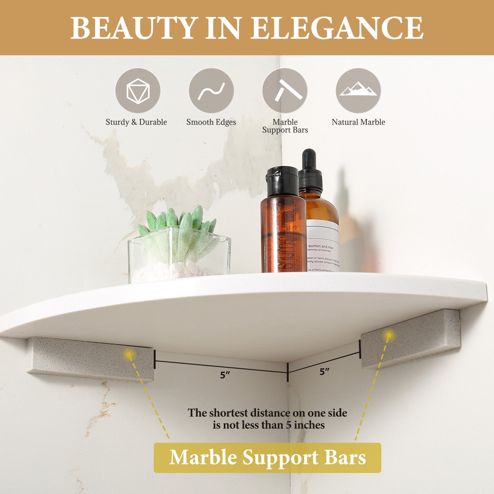 Koville Engineered Marble corner shelf in Bianco Scala for a bathroom corner