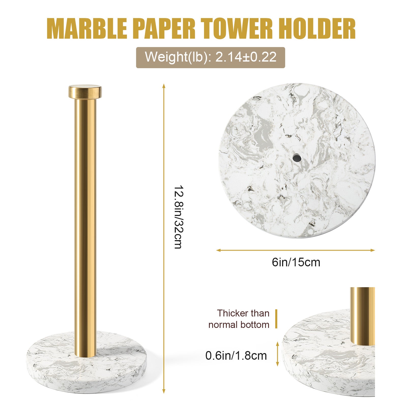 Koville Natural Stone Paper Towel Holder with Gold Metal Rod, 5.9 in Base in natural stone
