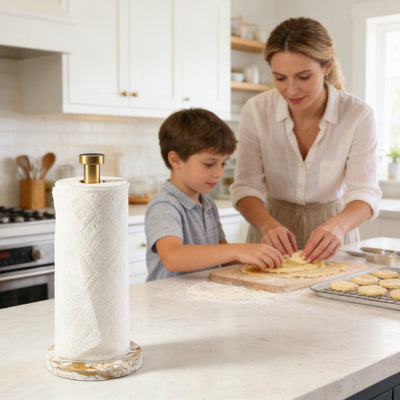 Koville Natural Stone Paper Towel Holder with Gold Metal Rod, 5.9 in Base in natural stone