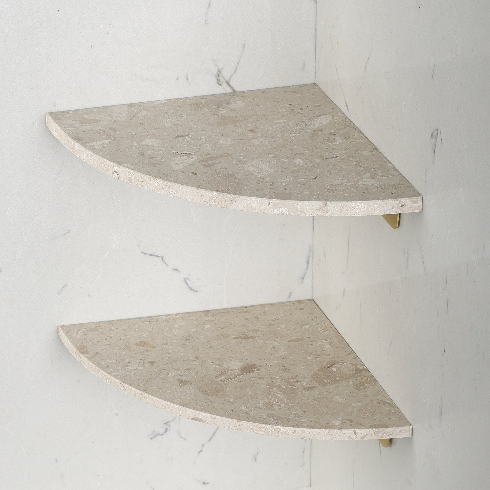 Koville Engineered Marble corner shelf in Perlato appia for a bathroom corner