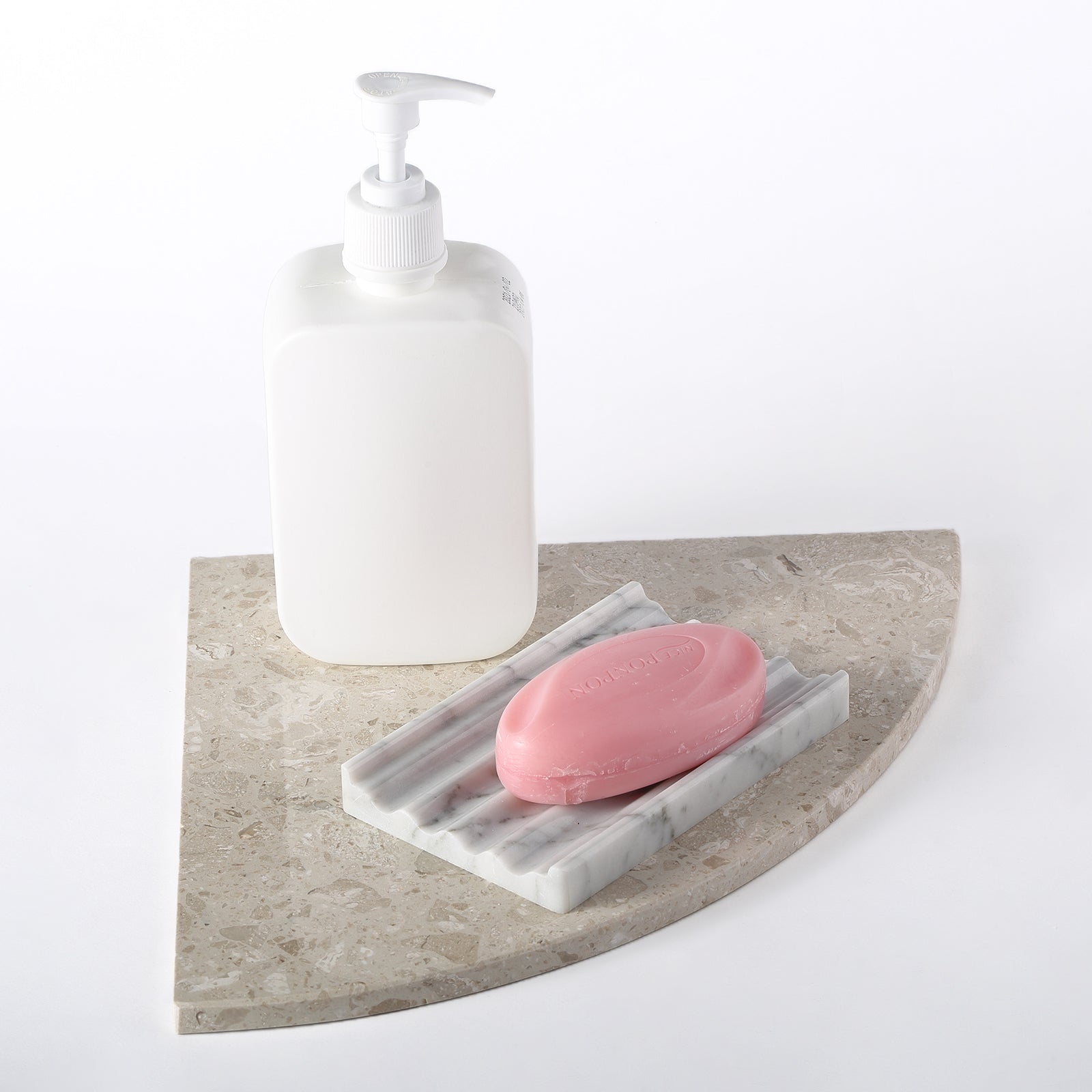 Koville Engineered Marble corner shelf in Perlato appia for a bathroom corner