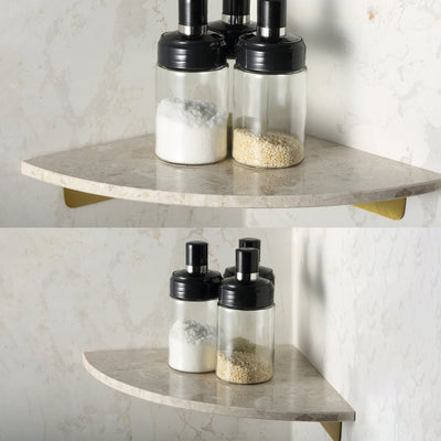 Koville Engineered Marble corner shelf in Perlato appia for a bathroom corner