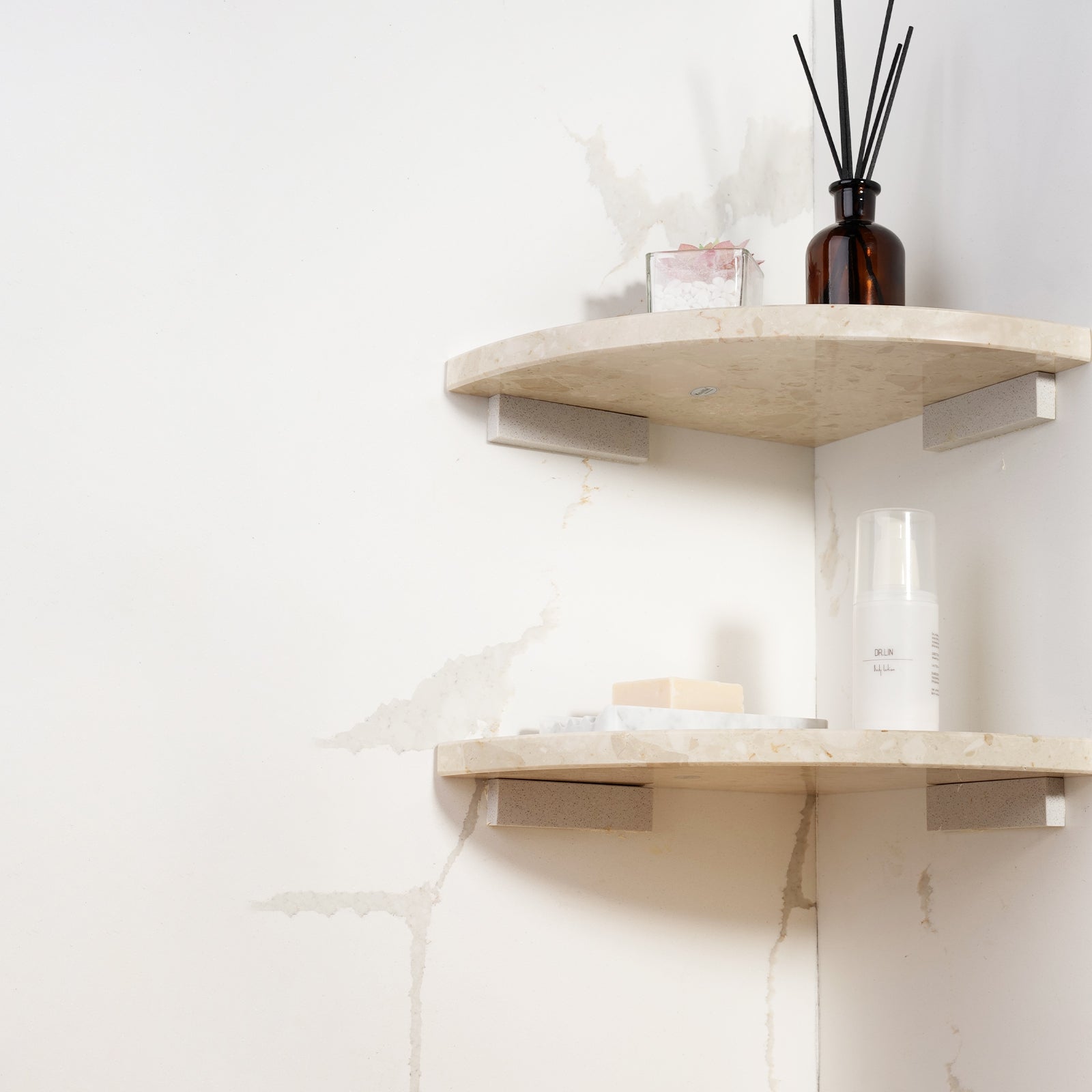 Koville Engineered Marble corner shelf in Perlato appia for a bathroom corner