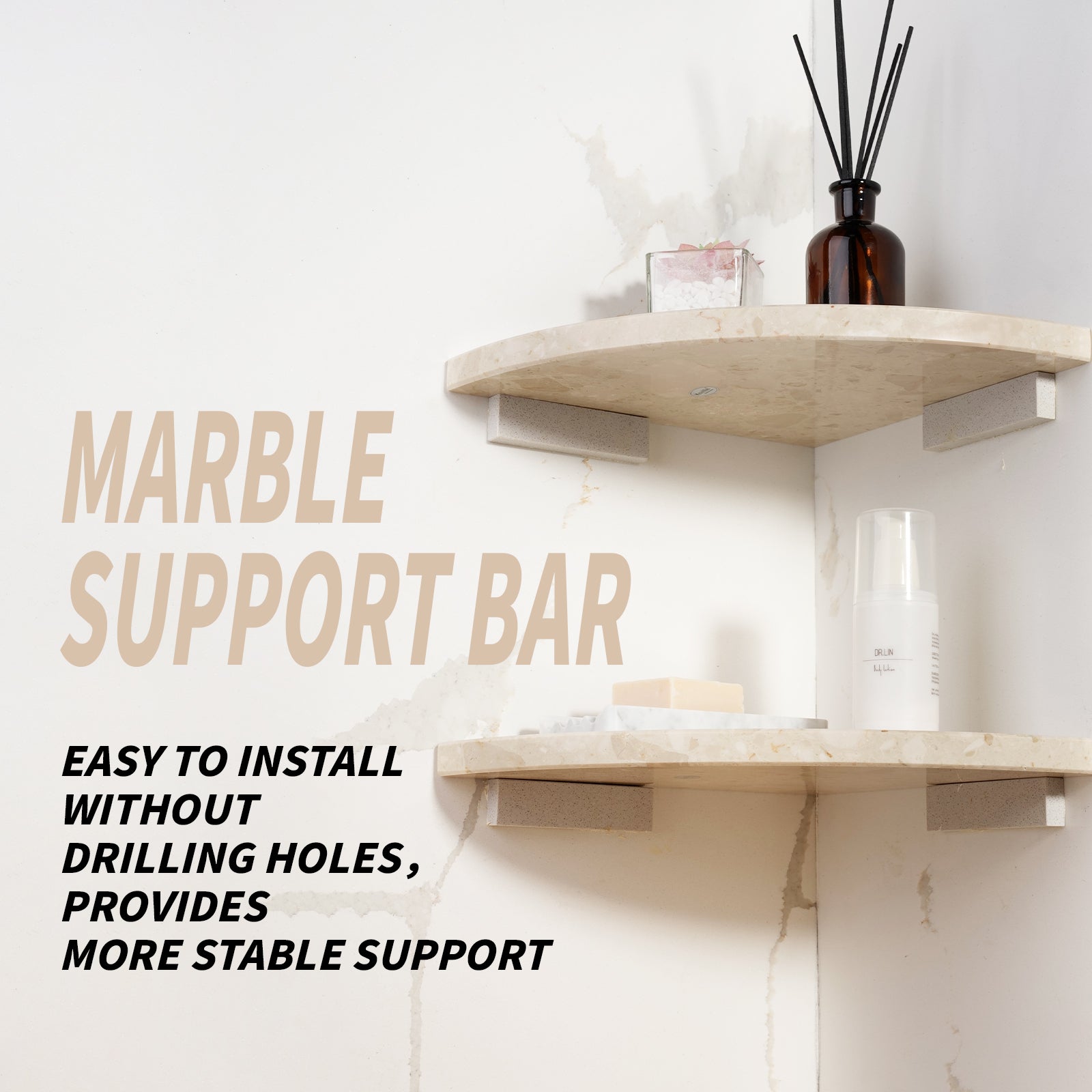 Koville Engineered Marble corner shelf in Perlato appia for a bathroom corner