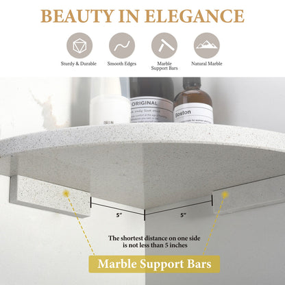 Koville Engineered Marble corner shelf in White Cliff for a bathroom corner