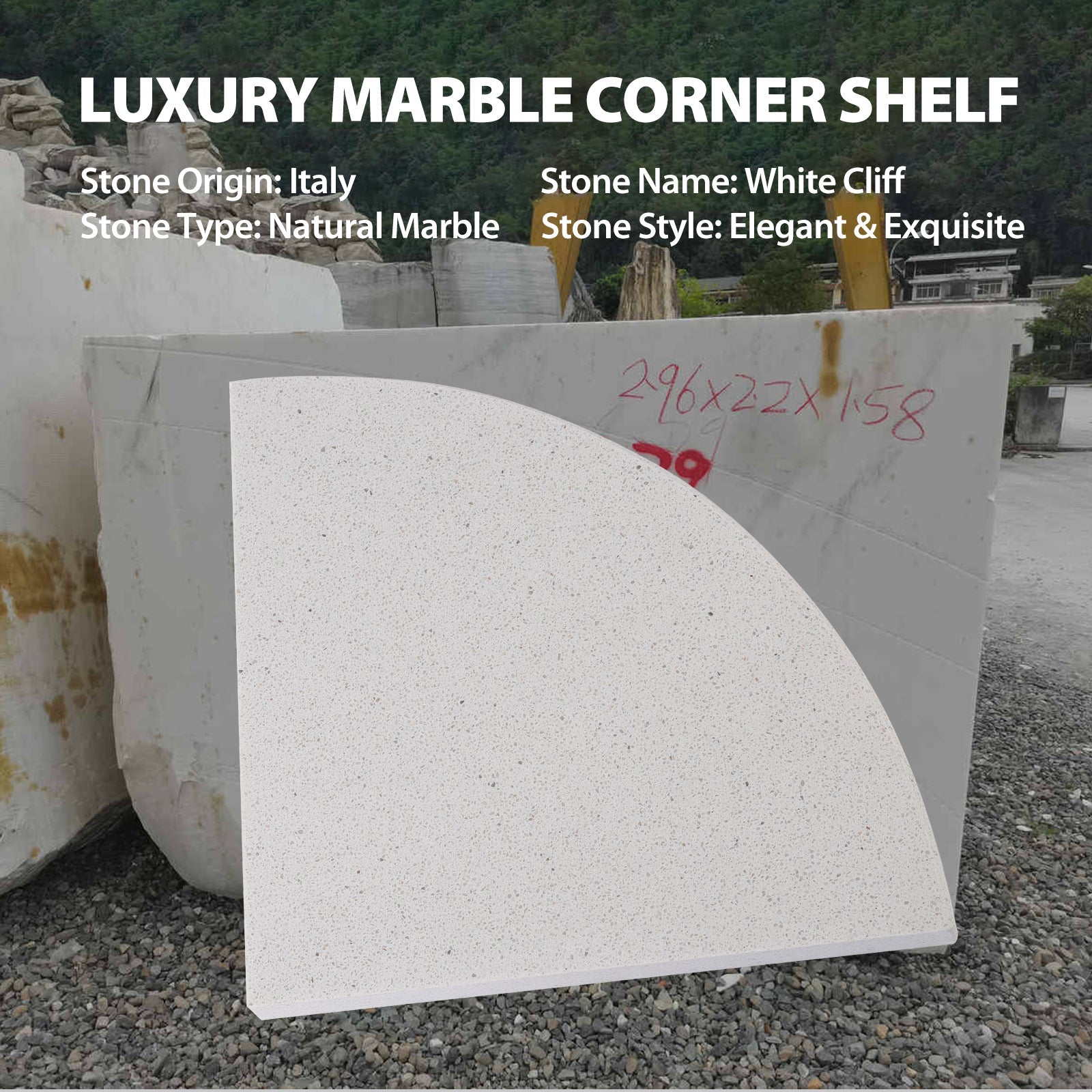 Koville Engineered Marble corner shelf in White Cliff for a bathroom corner