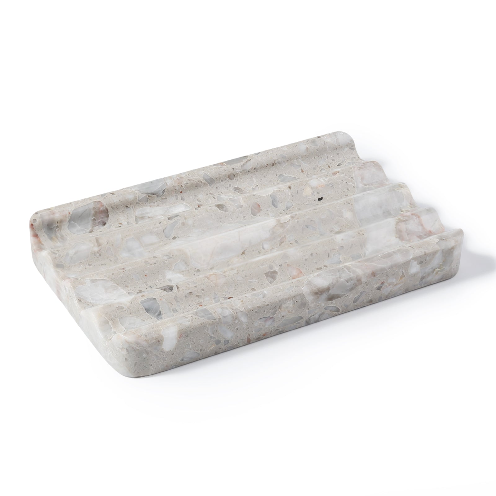 Koville Engineered Marble square wavy soap dish in Fior di Pesco Quarella with sculpted wave surface