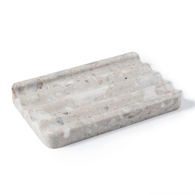 Koville Engineered Marble square wavy soap dish in Fior di Pesco Quarella with sculpted wave surface