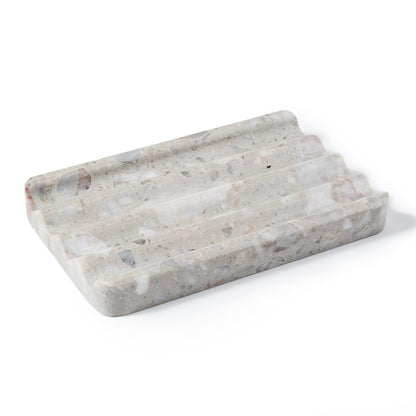 Koville Engineered Marble square wavy soap dish in Fior di Pesco Quarella with sculpted wave surface