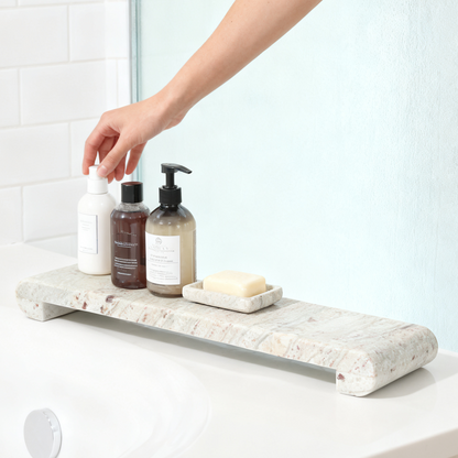 Koville chess piece display stand in three sizes in River White natural stone