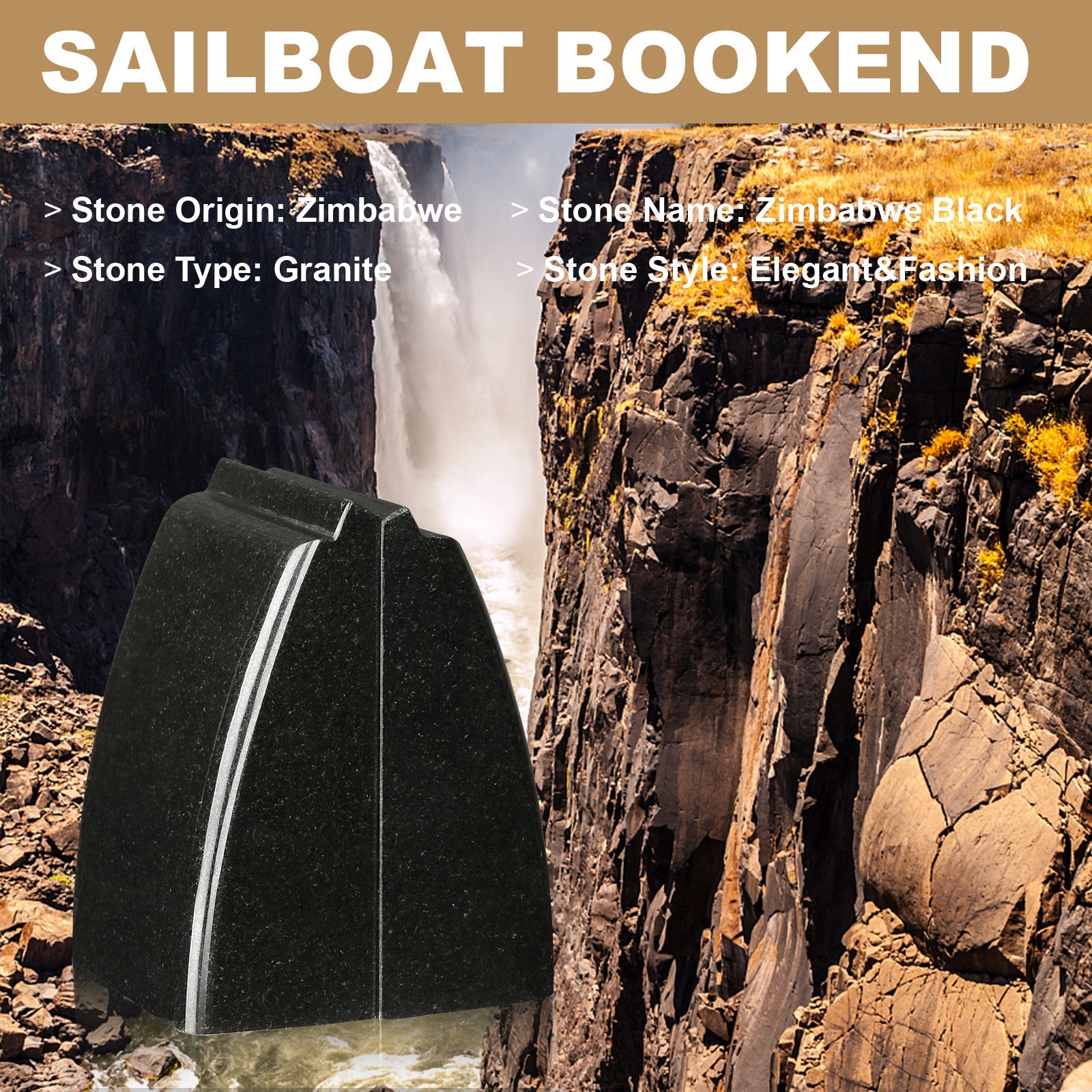Koville Natural Stone Sailboat Bookend Set for Shelf Styling in Zimbabwe Black - stone surface detail