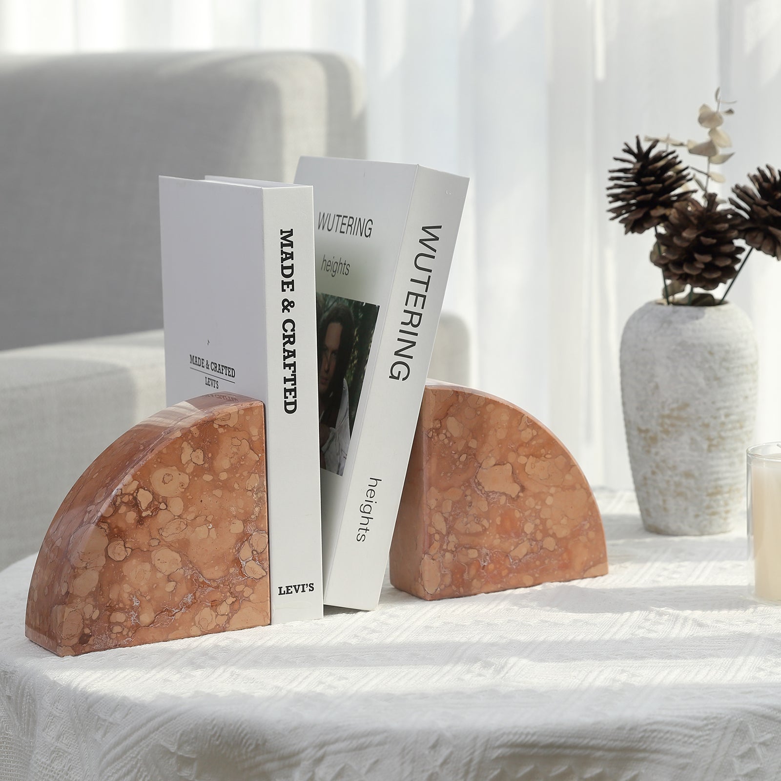 Koville Natural Stone Sailboat Bookend Set for Shelf Styling in Perlino Rosato - material detail