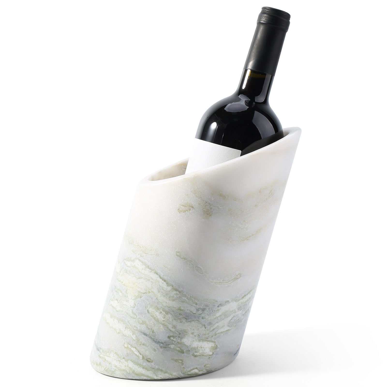 Koville Natural Stone Angled Wine Cooler in Bianco Palomino on a bar counter with a wine bottle