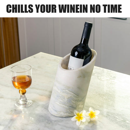 Koville Natural Stone Angled Wine Cooler in Bianco Palomino on a bar counter with a wine bottle