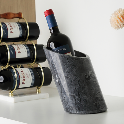 Koville Natural Stone Angled Wine Cooler in Monte Grigio on a bar counter with a wine bottle