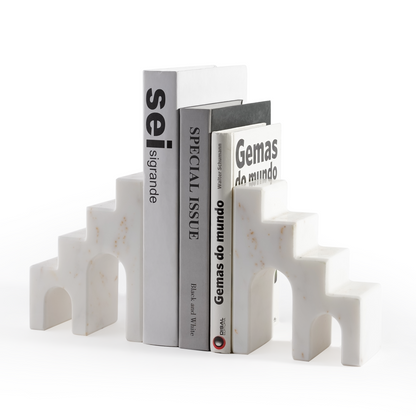 Koville Natural Marble CastleGuard Bookend Set for Shelves in Golden Calacatta - product presentation