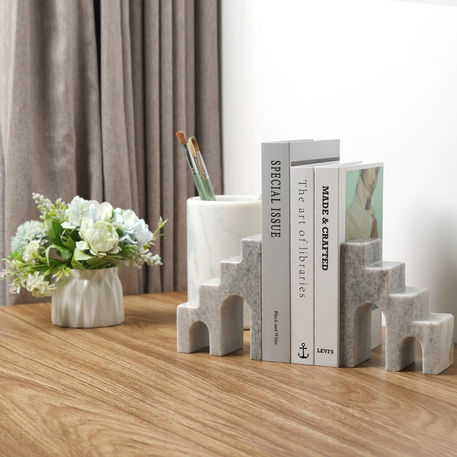 Koville Natural Stone CastleGuard Bookend Set for Shelves in Natural Stone - crafted stone profile