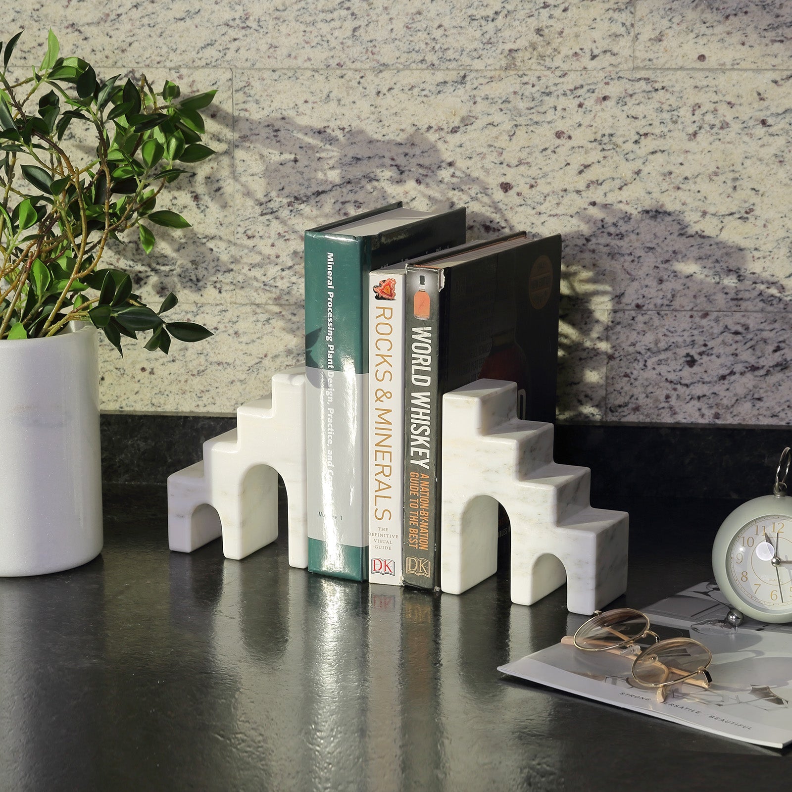 Koville Natural Marble CastleGuard Bookend Set for Shelves in Oriental Calacatta - natural stone finish