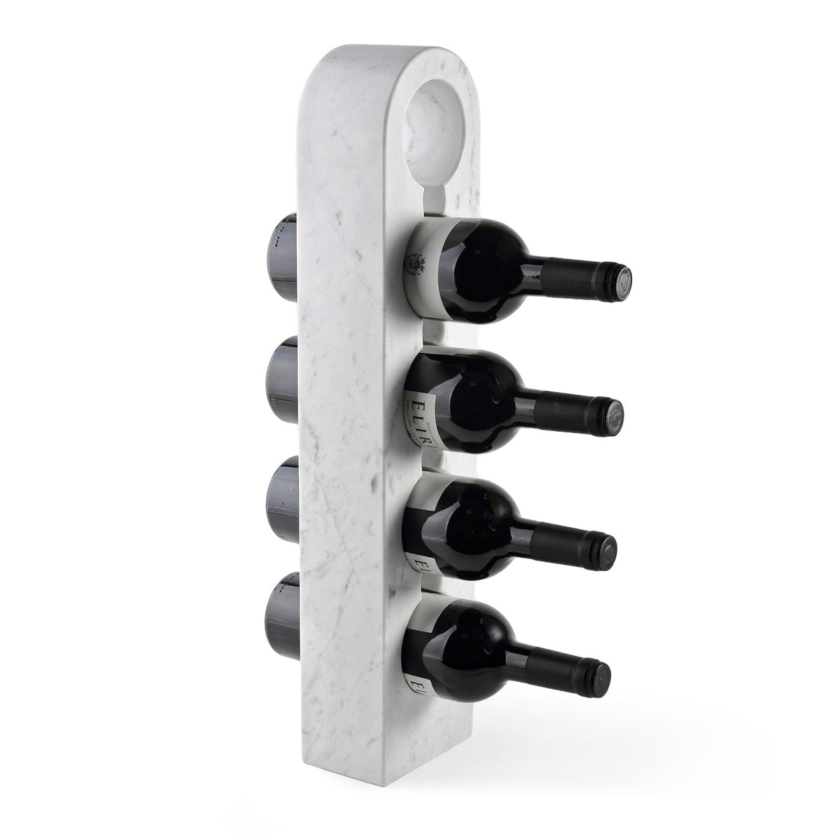 Koville Natural Stone Freestanding Wine Rack in Bianco Carrara freestanding on a sideboard holding wine bottles