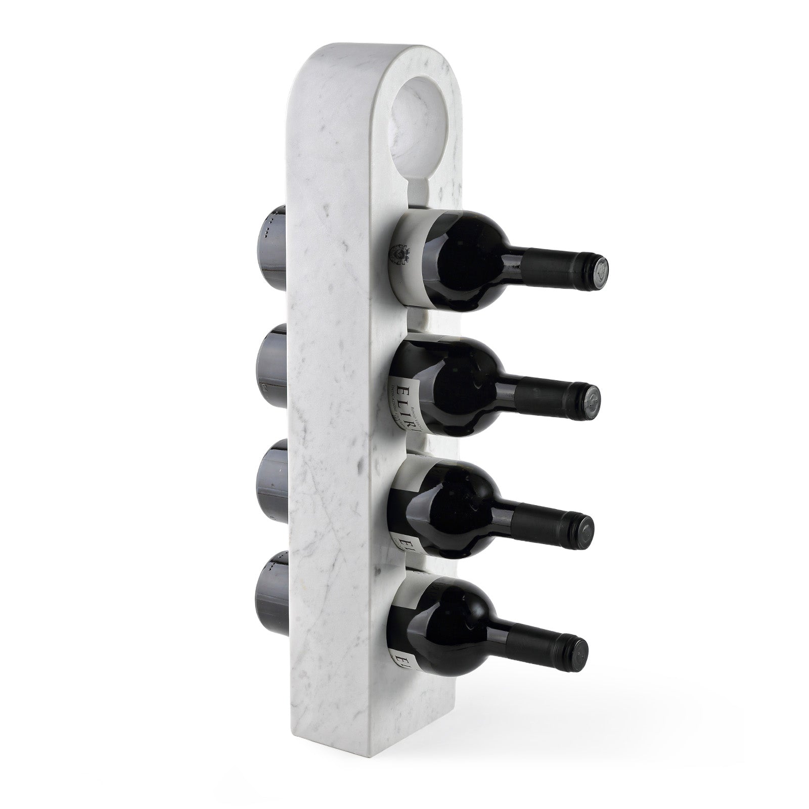 Koville Natural Stone Freestanding Wine Rack in Bianco Carrara freestanding on a sideboard holding wine bottles