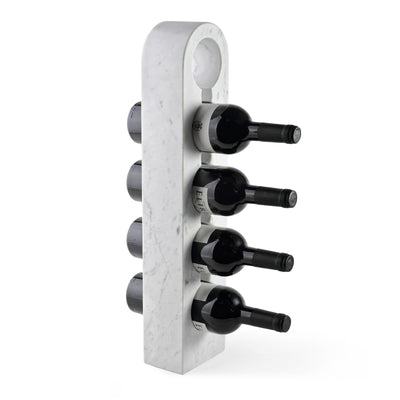 Koville Natural Stone Freestanding Wine Rack in Bianco Carrara freestanding on a sideboard holding wine bottles