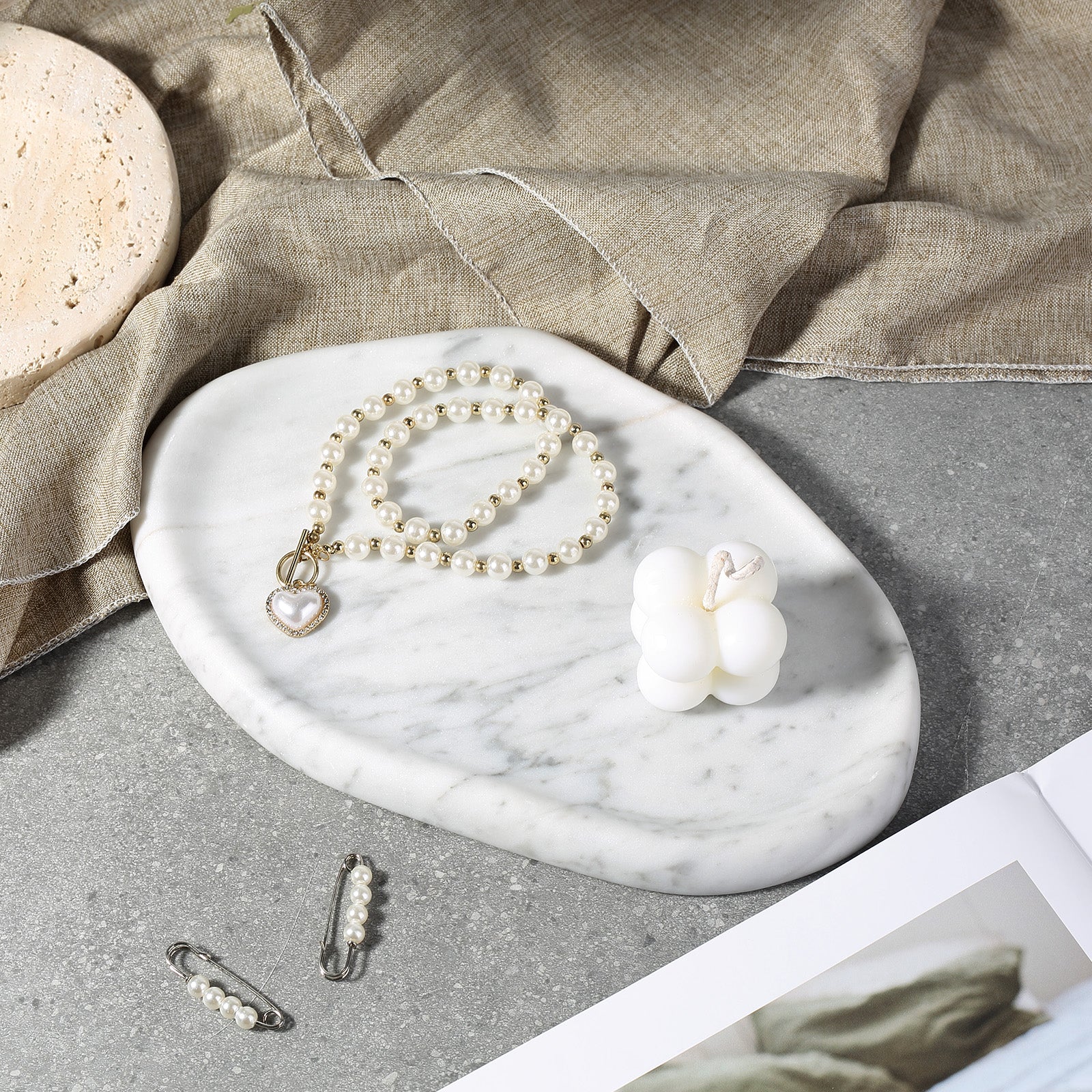 Koville lace edge storage tray for small items in Bianco Carrara natural stone