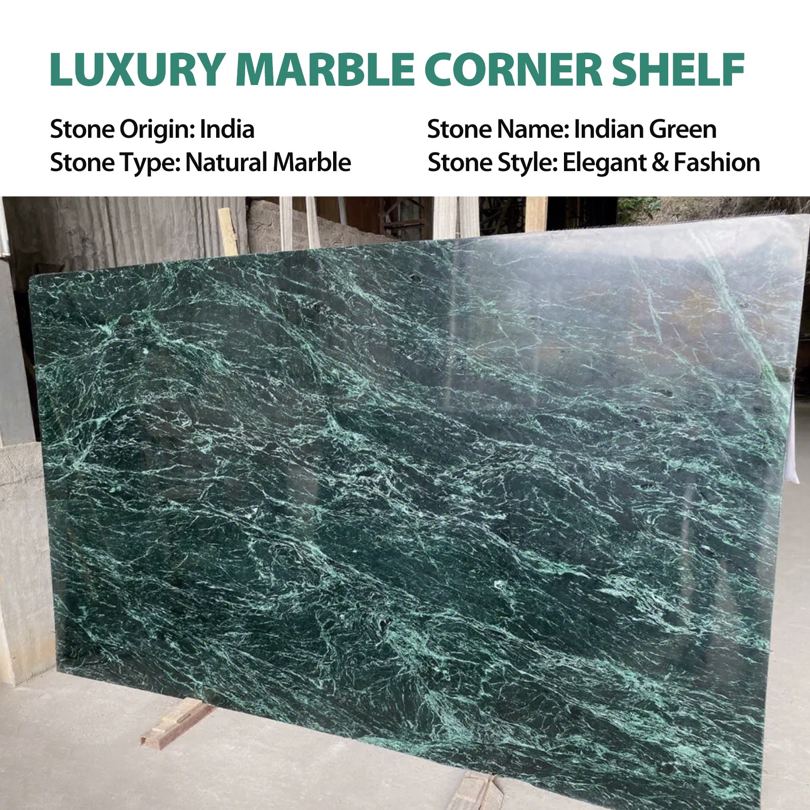 Koville Natural Marble corner shelf in Indian Green for a bathroom corner