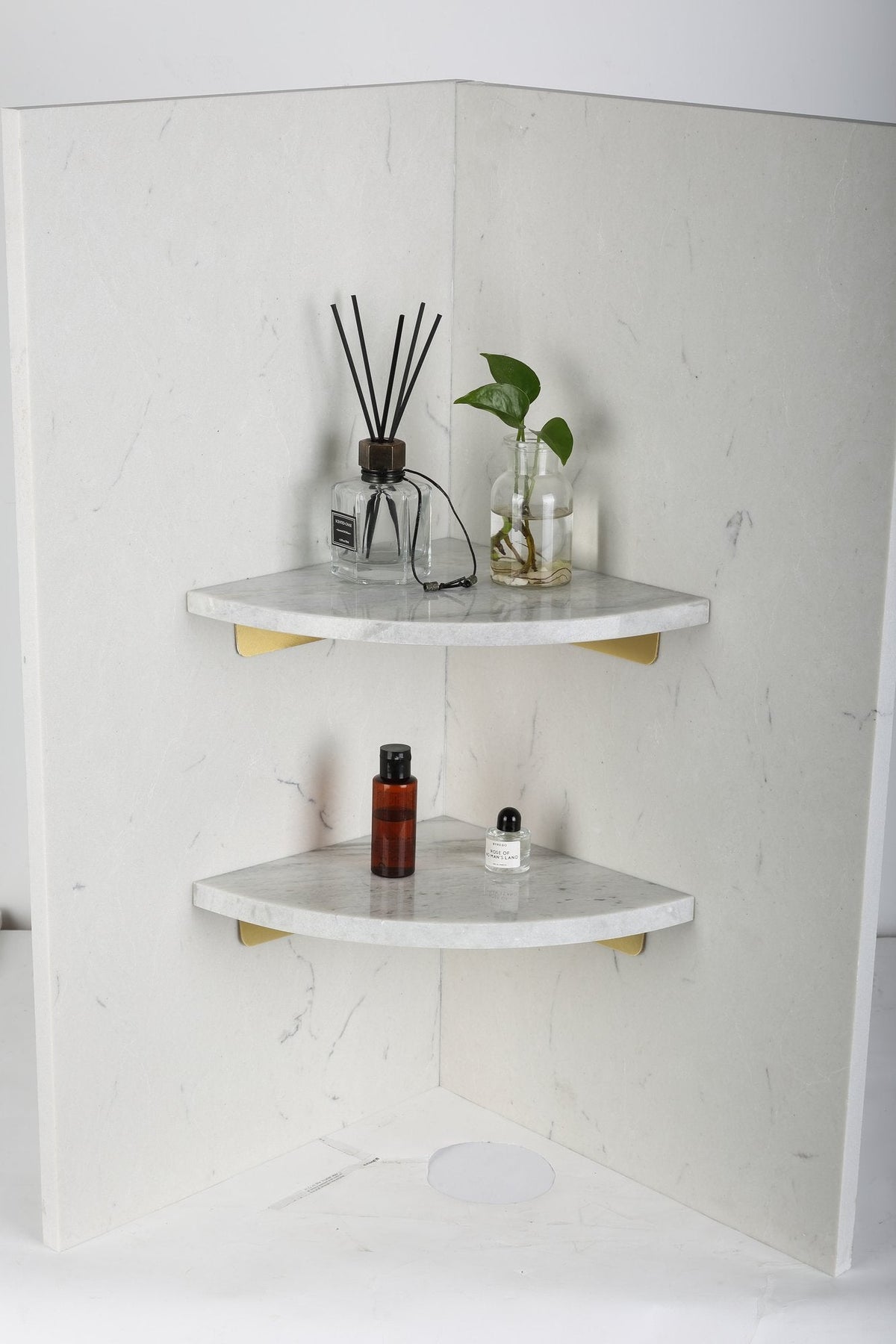 Koville Natural Marble corner shelf in Namib Fantasy for a bathroom corner