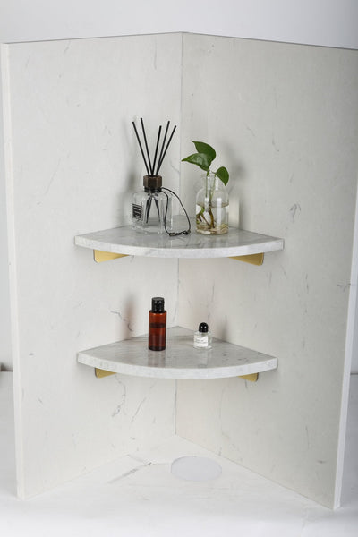 Koville Natural Marble corner shelf in Namib Fantasy for a bathroom corner