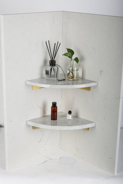 Koville Natural Marble corner shelf in Namib Fantasy for a bathroom corner