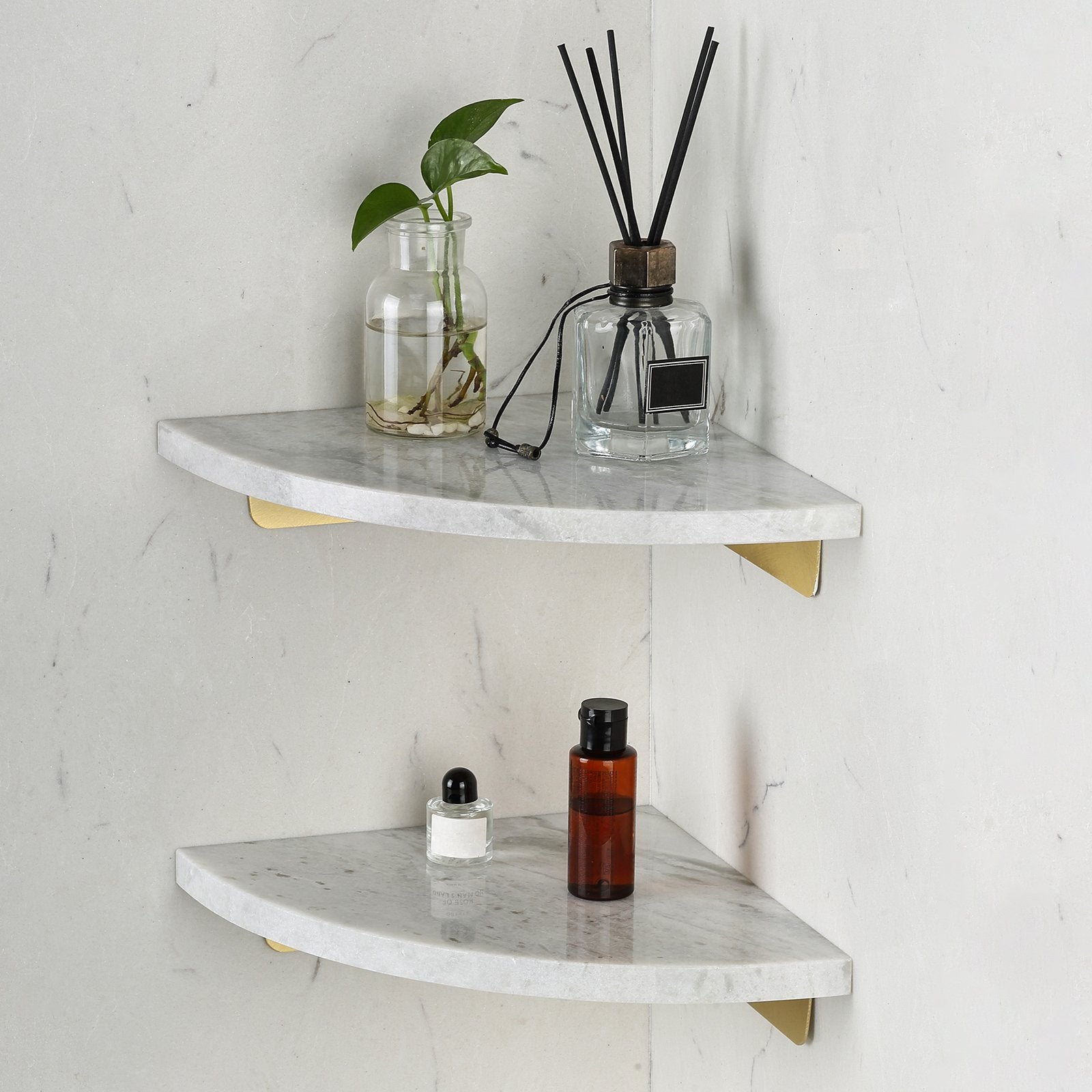 Koville Natural Marble corner shelf in Namib Fantasy for a bathroom corner