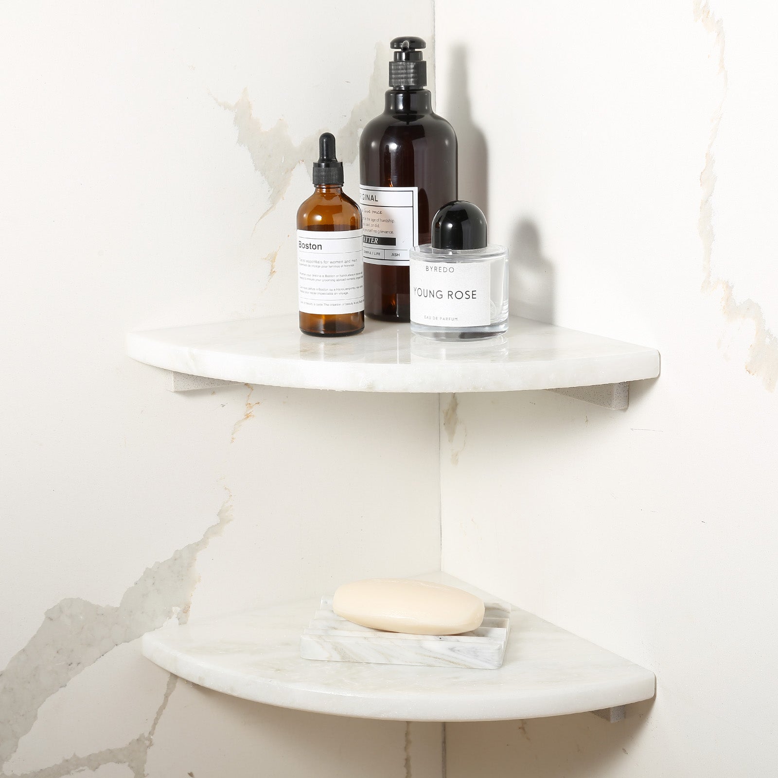 Koville Natural Marble corner shelf in Namib Fantasy for a bathroom corner