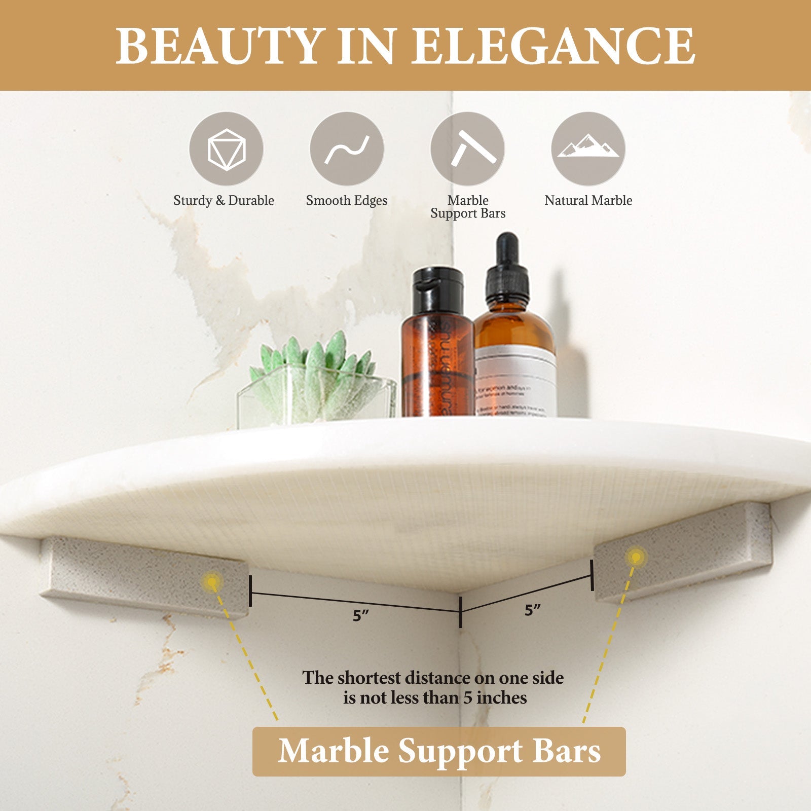 Koville Natural Marble corner shelf in Namib Fantasy for a bathroom corner